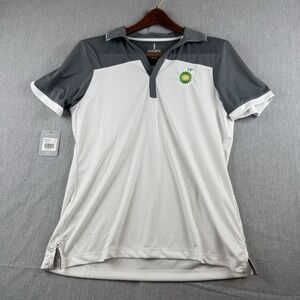 NWT Women's Elevate Mack SS Polo BP British Petroleum logo Gray/White Large